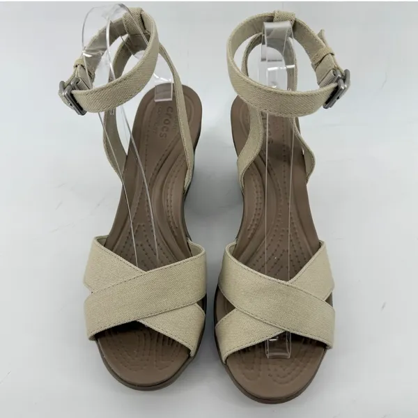 Crocs Leigh II Cross Strap Ankle Wedge Sandal Beige Khaki Women 8 Strappy New - Image 3