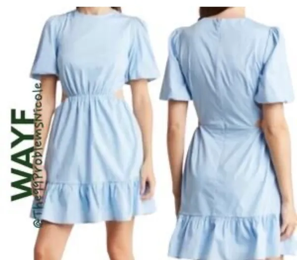 This WAYF puff sleeve wayf dress features a light blue color and side cutouts. - Image 2