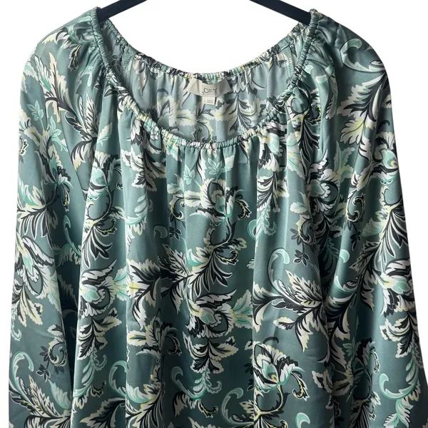 NEW Loft Satin Shirred Floral Blouse Bishop Career Special Occasion Chic L - Image 3