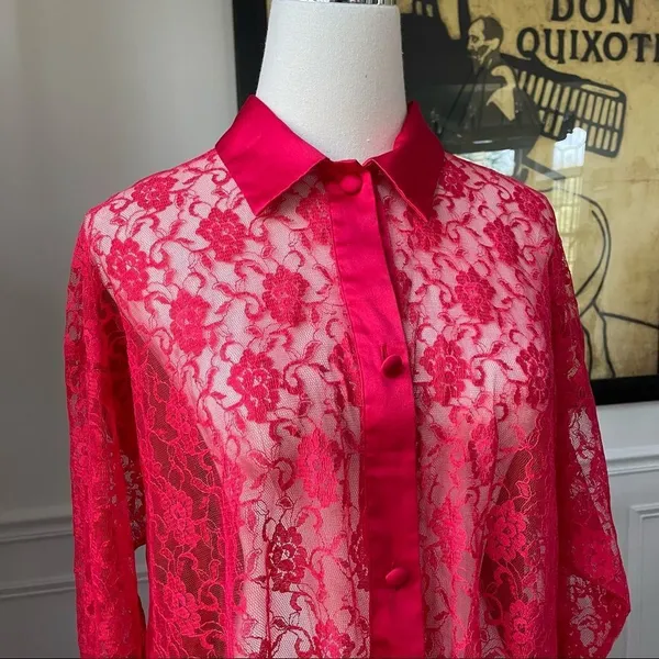 Vintage Gold Label Victoria’s Secret Red Lace Satin Night Shirt Pajamas S - Image 2