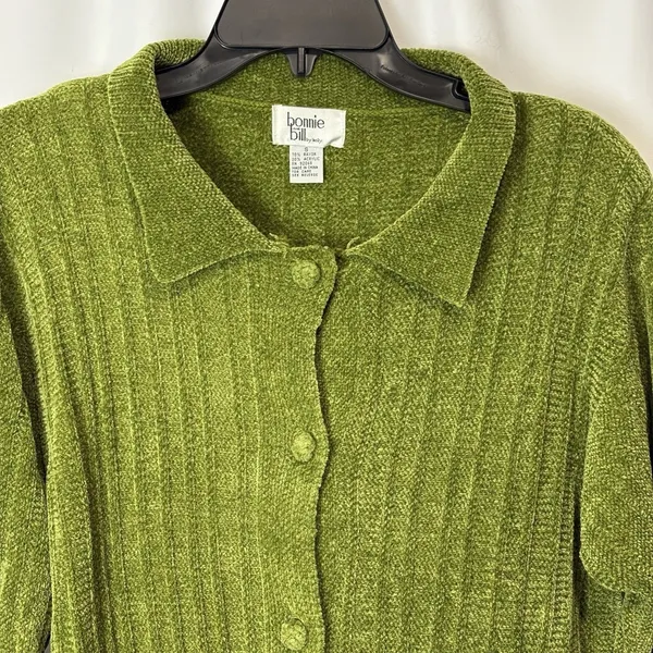 Vintage 90s Small Chenille Sweater Cardigan Peter Pan Collar Pockets‎ Green Cozy - Image 2
