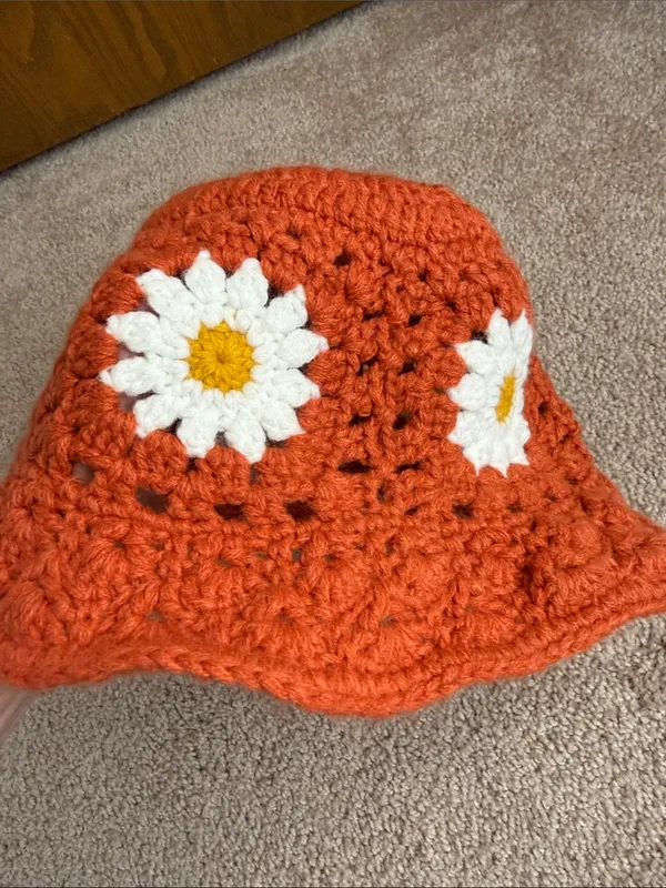 Source Unknown Crochet Flower Bucket Hat Orange Weaving Wide Brim Bucket Fisherman Cap - Image 5