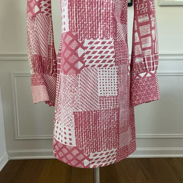 Vintage 70s Mauve Pink White Retro Print Shift Dress Scarf XS S - Image 8