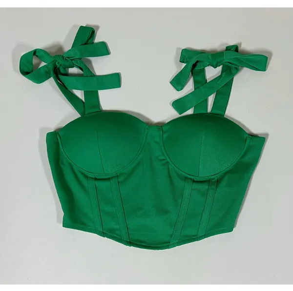 Green Solid Ties Corset Bustier Tank Crop Top Shirt Blouse Size S 🐉✨ - Image 2