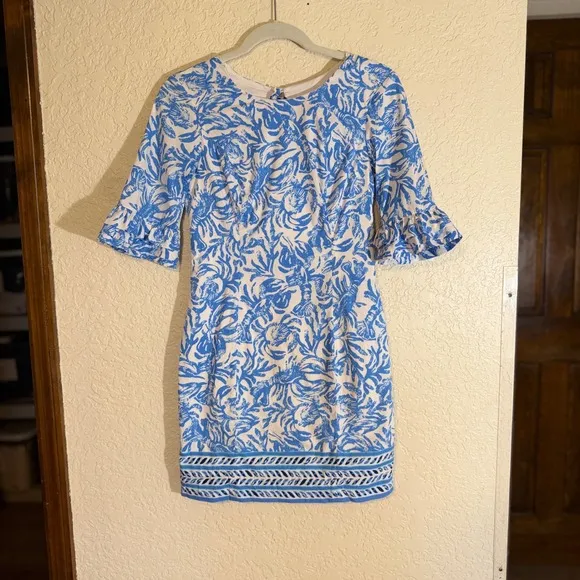 Lilly Pulitzer Shift Dress Blue 00 Womens Ruffle‎ Sleeve Lobster Print Mini - Image 7