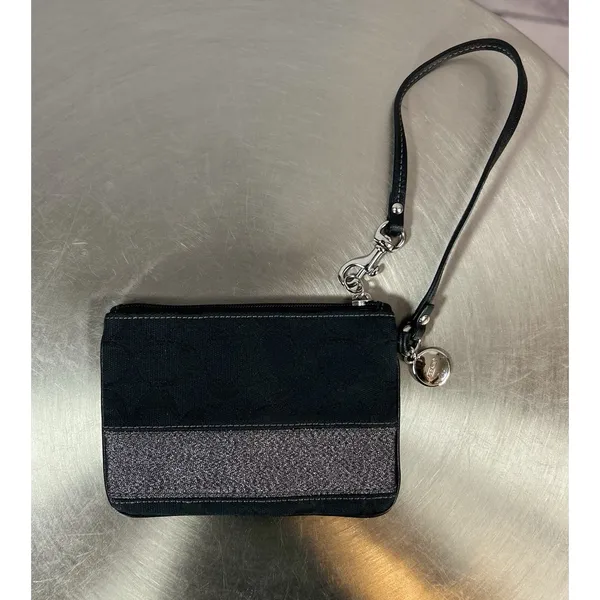 Vtg Coach Signature Black Jacquard Wristlet Metallic Silver Stripe Zip Pouch - Image 2