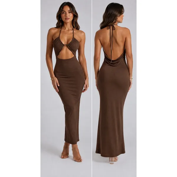 Meshki Maddie Ribbed Chocolate Brown Maxi Dress - Image 2