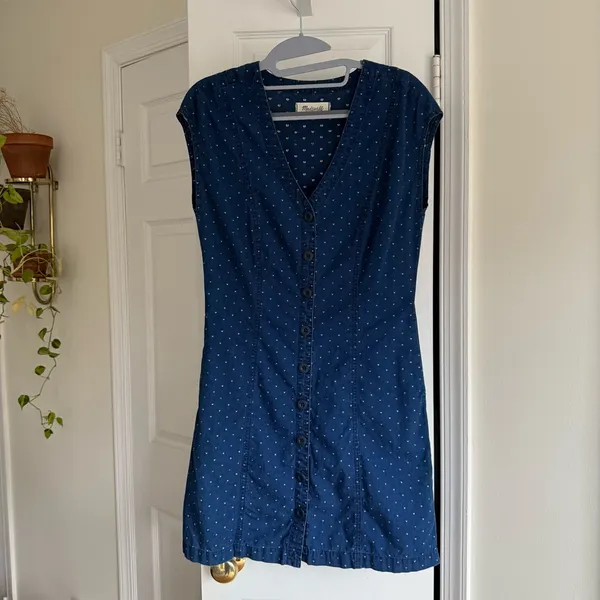 Madewell Indigo Denim Cap Sleeve Button-Down Dress, Embroidered Hearts, Size 2 - Image 3