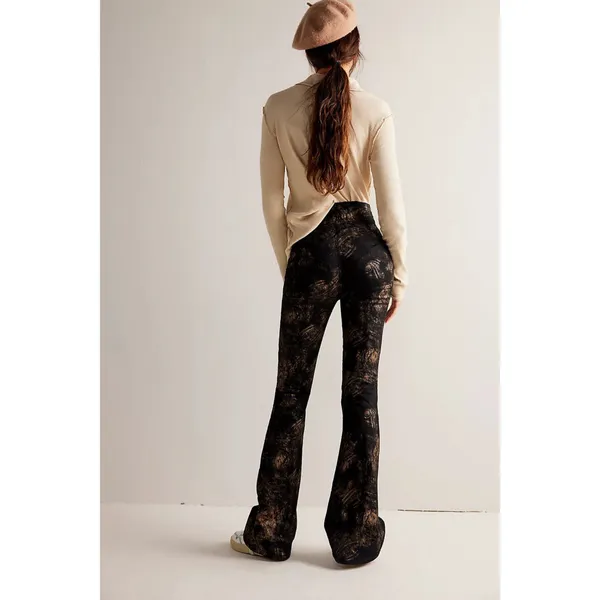 Free People NWT Jayde Black Tie Printed Metallic Black Flare Jeans - Image 3