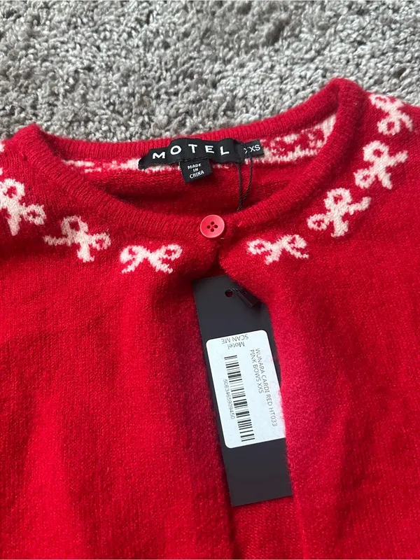 Motel Rocks Red Cropped Cardigan with White Bow Detail - Image 3