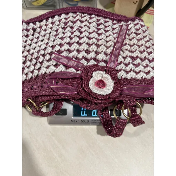 Vintage Handmade Purple White‎ Crochet Nylon Tote Bag Floral Heart Detail Boho - Image 10