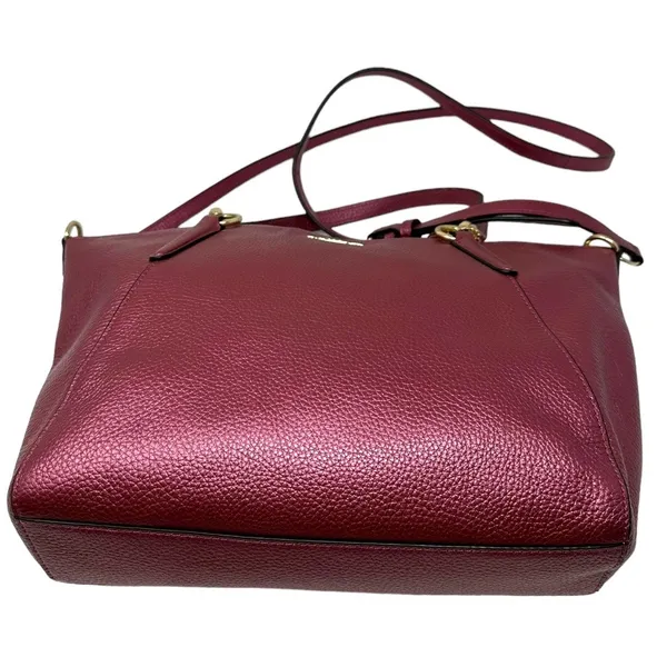 Coach Pebbled Leather Satchel Crossbody Bag Metallic Burgundy Gold Hardware - Image 3