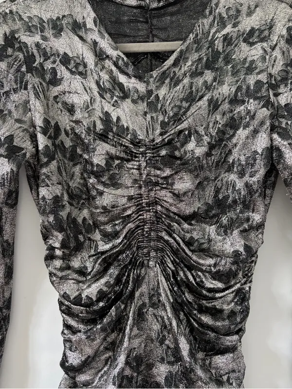 Isabel Marant Diego Floral Ruched Print Stretch Silk Blend Silver Black Top 36 - Image 2