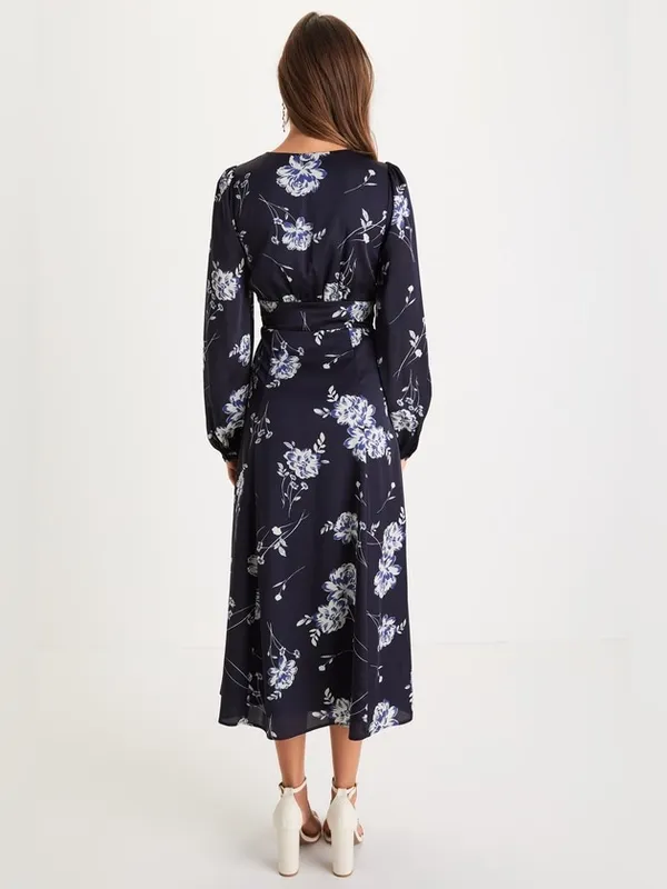 Lulus | Beautiful Details Navy Blue Floral Long Sleeve Midi Dress, M - Image 3