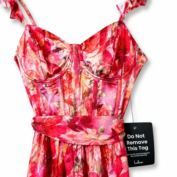 NEW Lulus Sweet Like Sangria Pink Floral Ruffled Bustier Tie Midi Dress Small - Image 8