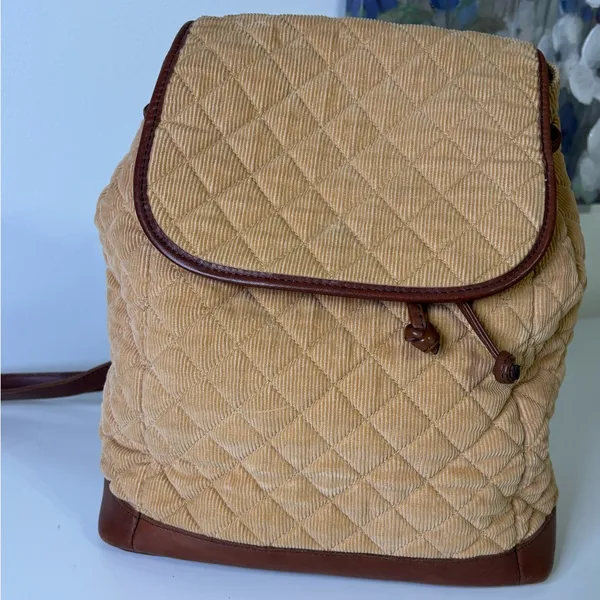 LL Bean Tan Corduroy and Lather Backpack Purse - Image 6