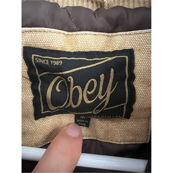 Obey Cream Canvas Bomber Jacket Corduroy Collar Brown Lining Short Women’s Sz M - Image 4