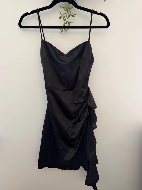 Black Satin Ruched Bodycon Homecoming Mini Dress with Side Ruffle Detail - Image 4