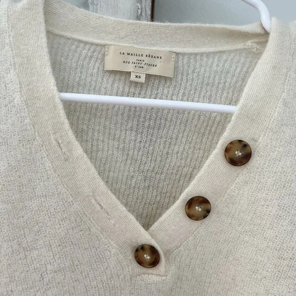 Sezane Willy Mohair Alpaca Henley Sweater Ecru Cream‎ Button Detail XS - Image 3