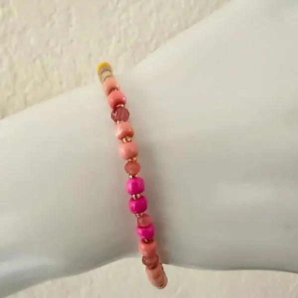 Anthropologie Serefina pink yellow beaded stretchy bracelet - Image 7