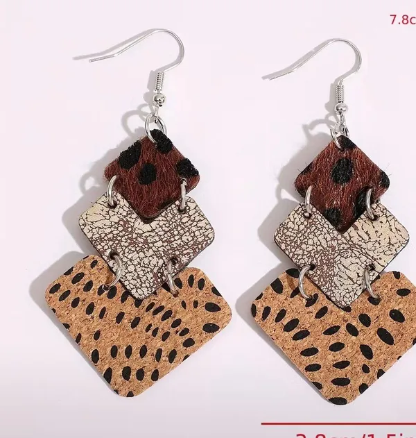 NEW animal print polka dot layered cow print dangle earrings, Boho earrings brown earrings, western aesthetic - Image 4