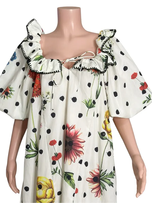 NEW ZOCO. Good Luck Puff Sleeve Dress, Polka Dot Floral, Large - Image 7