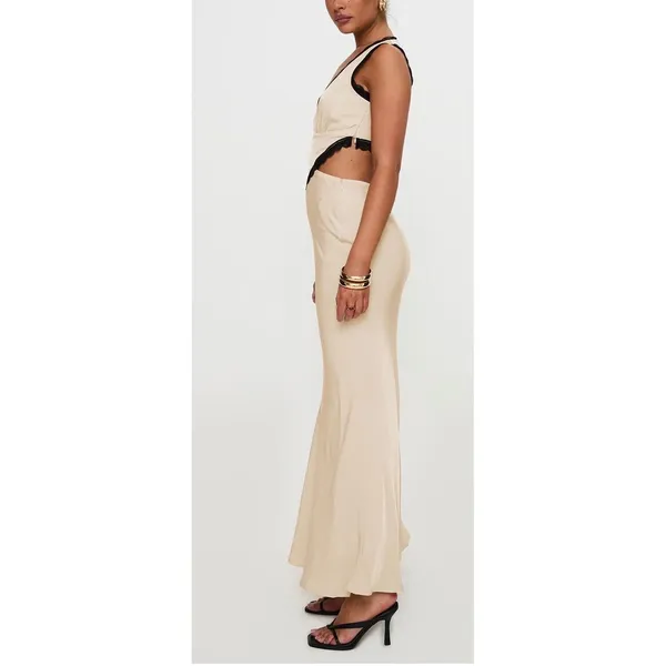 NWT Princess Polly Keila Lace Trim Maxi Dress Cream Black Satin Slip Cutout Sz 6 - Image 3