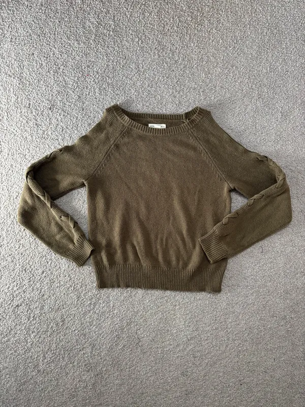 Aeropostale Olive Cold Shoulder Lace-Up Sleeve Crewneck Sweater - Image 2