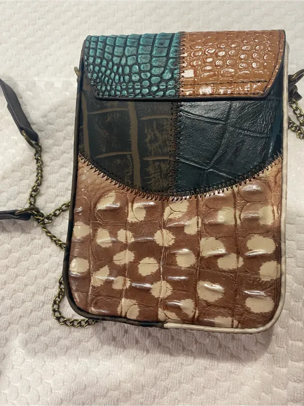 Multi-Color Croc-Embossed Leather Crossbody Bag - Red/Brown - Image 3