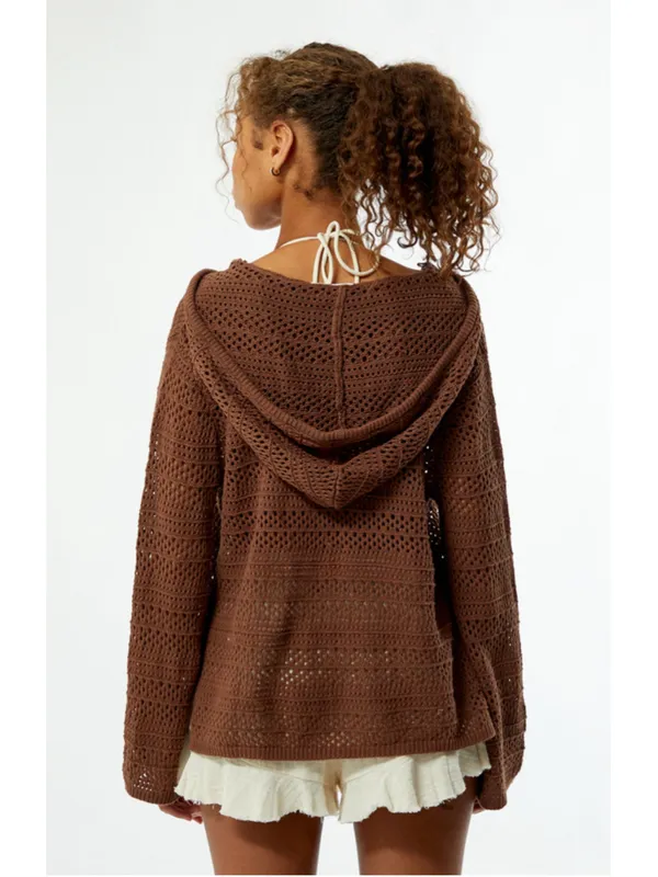 Roxy Hippie Love Open Knit Hooded Sweater Size L NWT (25” PTP) Mocha - Image 7