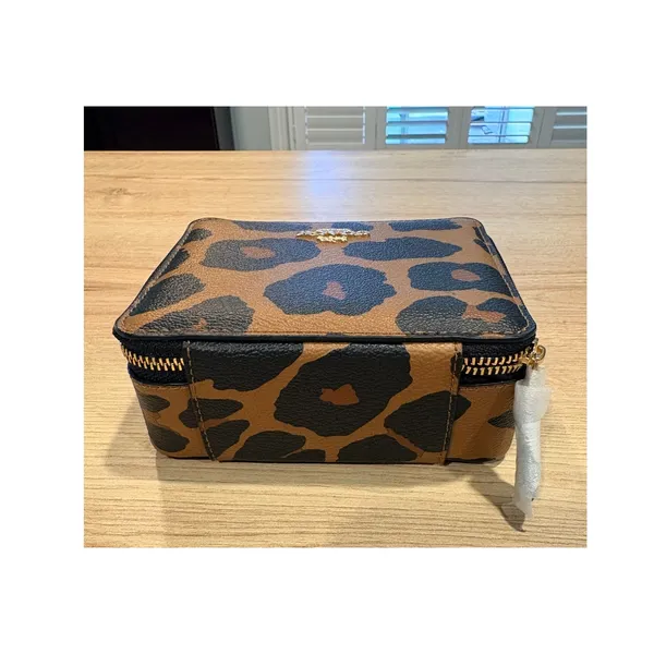 Coach Leopard Print Crossgrain Leather Travel Jewelry Box Case Mirror Gold Tone - Image 4