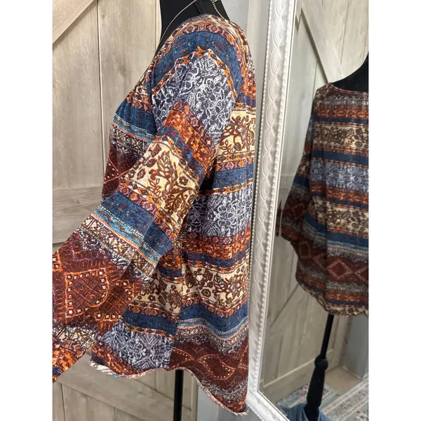 Tru Self Women XL Boho Tapestry Print Tunic Top Rust Blue 3/4 Sleeve Scoop Neck - Image 3