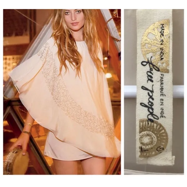 Free People Brighten Your Day Mini Dress Beige Sheer Batwing‎ Sleeve M Beaded - Image 2