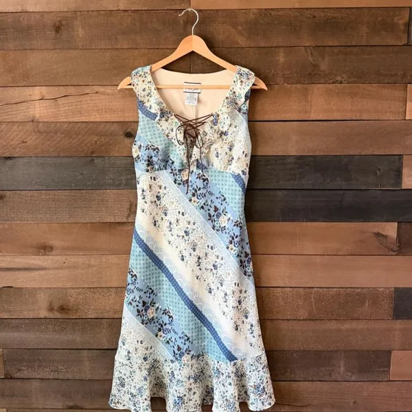 Vintage Breakin Loose Blue Patchwork Floral Midi Dress Cottagecore Y2K - Image 4