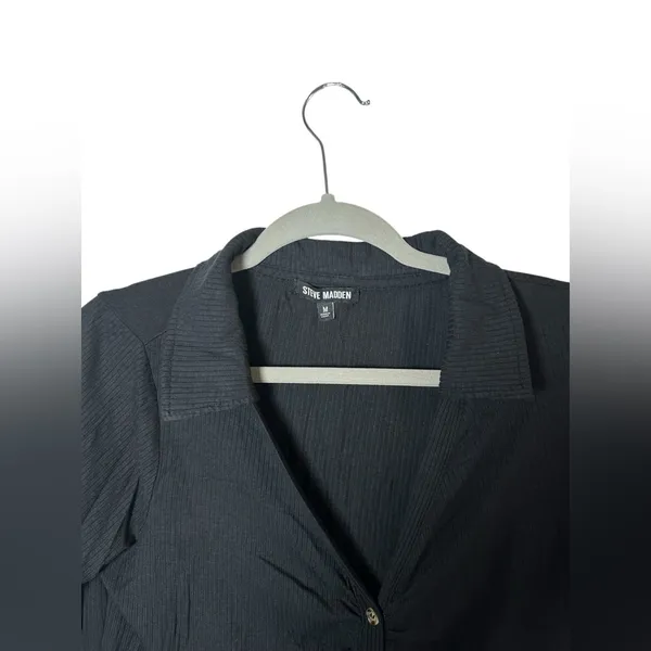 Steve‎ Madden Ribbed Ruched Button Down Long Sleeve Top Black Size M - Image 4
