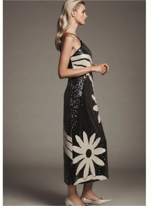Farm Rio Anthropologie Medium Halter Sequin Midi Dress Black Tropical Resort - Image 10