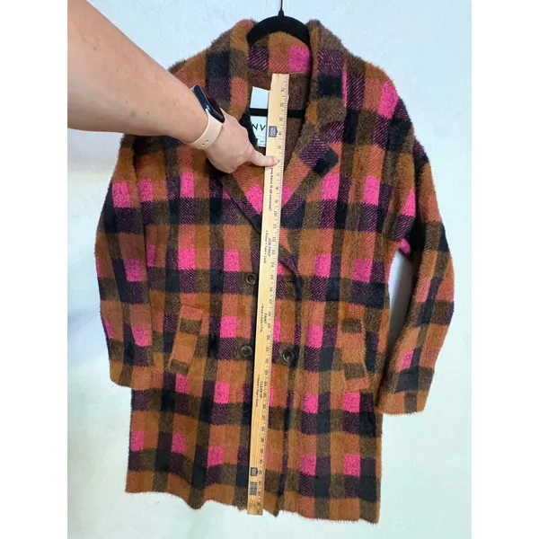 NVLT Pink‎ Brown Buffalo Plaid Double Breasted Fuzzy Longline Coat Coatigan - Image 8