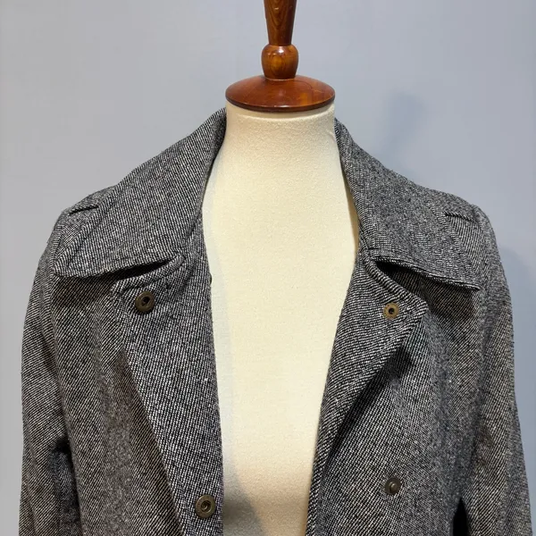 Vintage Y2K Old Navy Gray Herringbone Trench Coat Duster Jacket Medium - Image 4