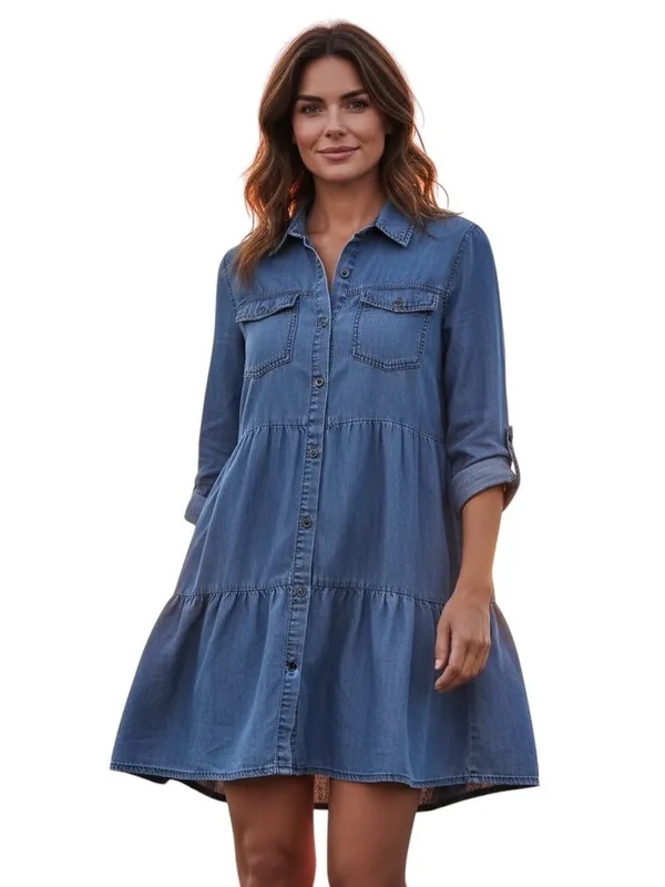 Velvet Heart Chambray Shirt Dress Medium Blue Tiered High Low Roll Tab Sleeves - Image 2