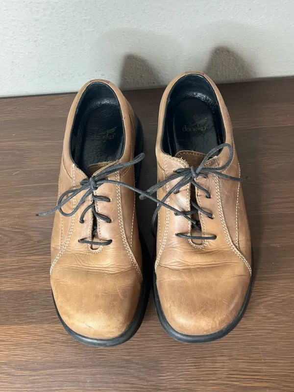 Y2K Dansko Tan Brown Leather Round Toe Chunky Lace Up Platform Oxfords Size 40 - Image 10