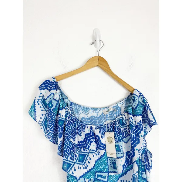 NWT RAMY Brook Milo Blue Printed Off The Shoulder Cropped Top Large Ruffle - Image 5