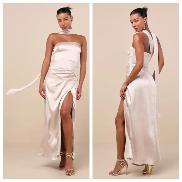 Lulu's Maritza Champagne Satin Sash Tulip Maxi Dress - Image 2