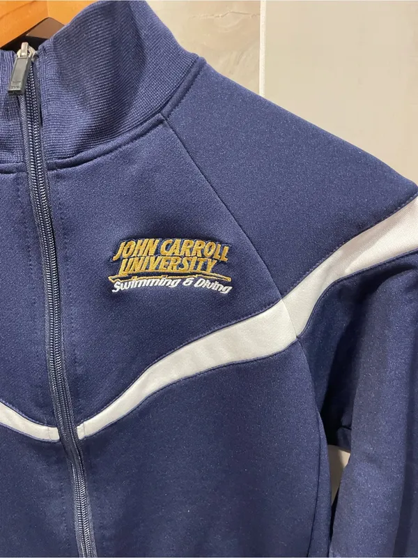 Cute navy white stripe TYR swim uniform jacket John Carroll team pockets - Image 7