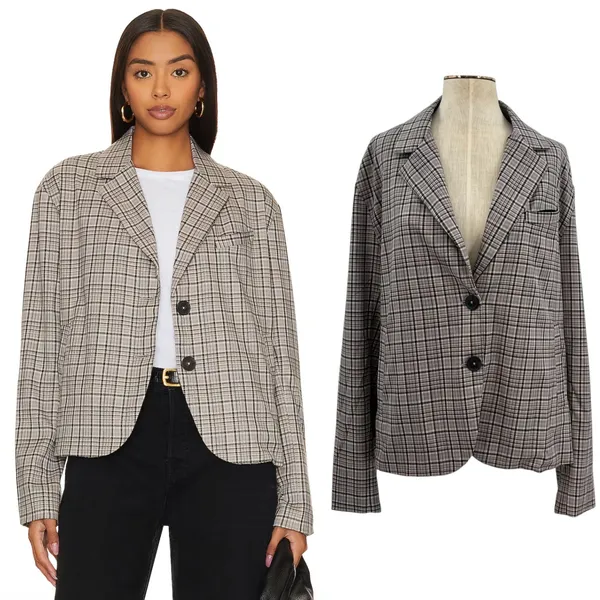 Free People Cali Plaid Blazer Jacket Gray Neutral Size Large‎ - Image 2