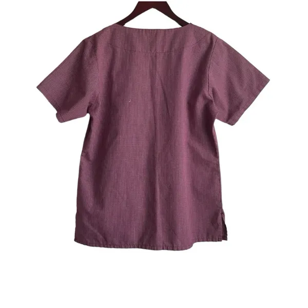 Landau Womens Scrub Top M Burgundy Check V-Neck 2 Pocket Medical Uniform Nurse‎ - Image 3