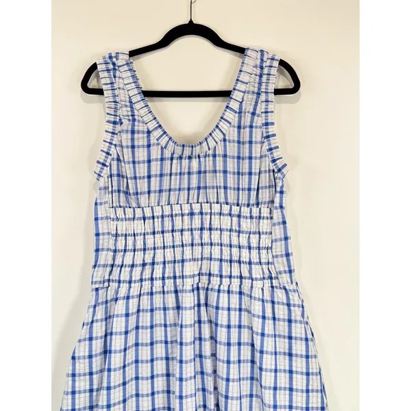 Taelynn Midi Dress Blue Plaid Sleeveless Smocked A Line Flowy Cottagecore Large - Image 4