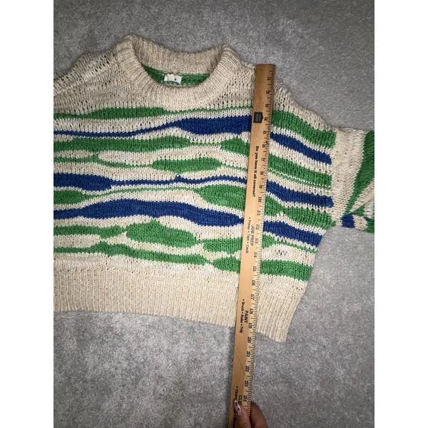 Aerie Women's M Cream Green Blue Wavy Stripe Cropped Knit Sweater Wool Blend - Image 8