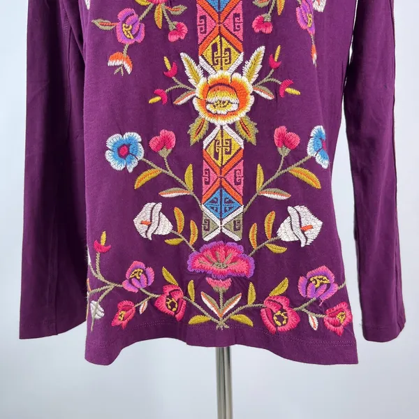NWOT Johnny Was Anaya Floral-Embroidered Henley Top Tee Long Sleeve T-Shirt M - Image 7