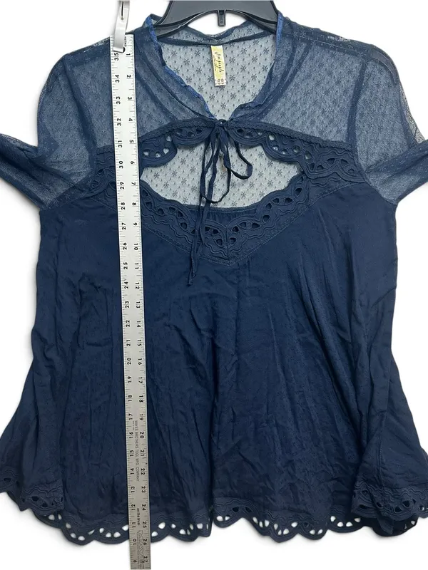 Free People Navy Blue Sheer Lace Eyelet Long Sleeve Boho Blouse Top Size M - Image 7