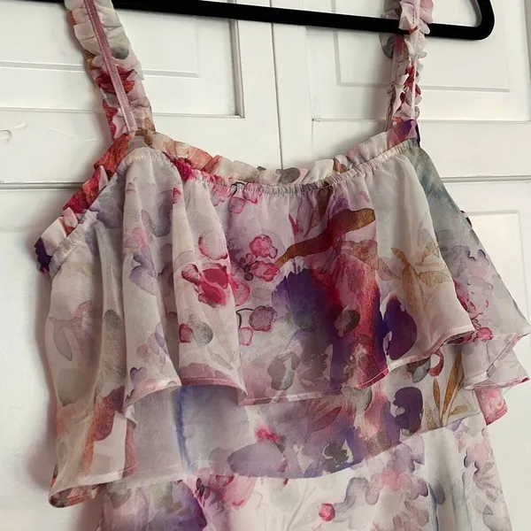 Storia ruffled tiered chiffon floral dress size m - Image 4